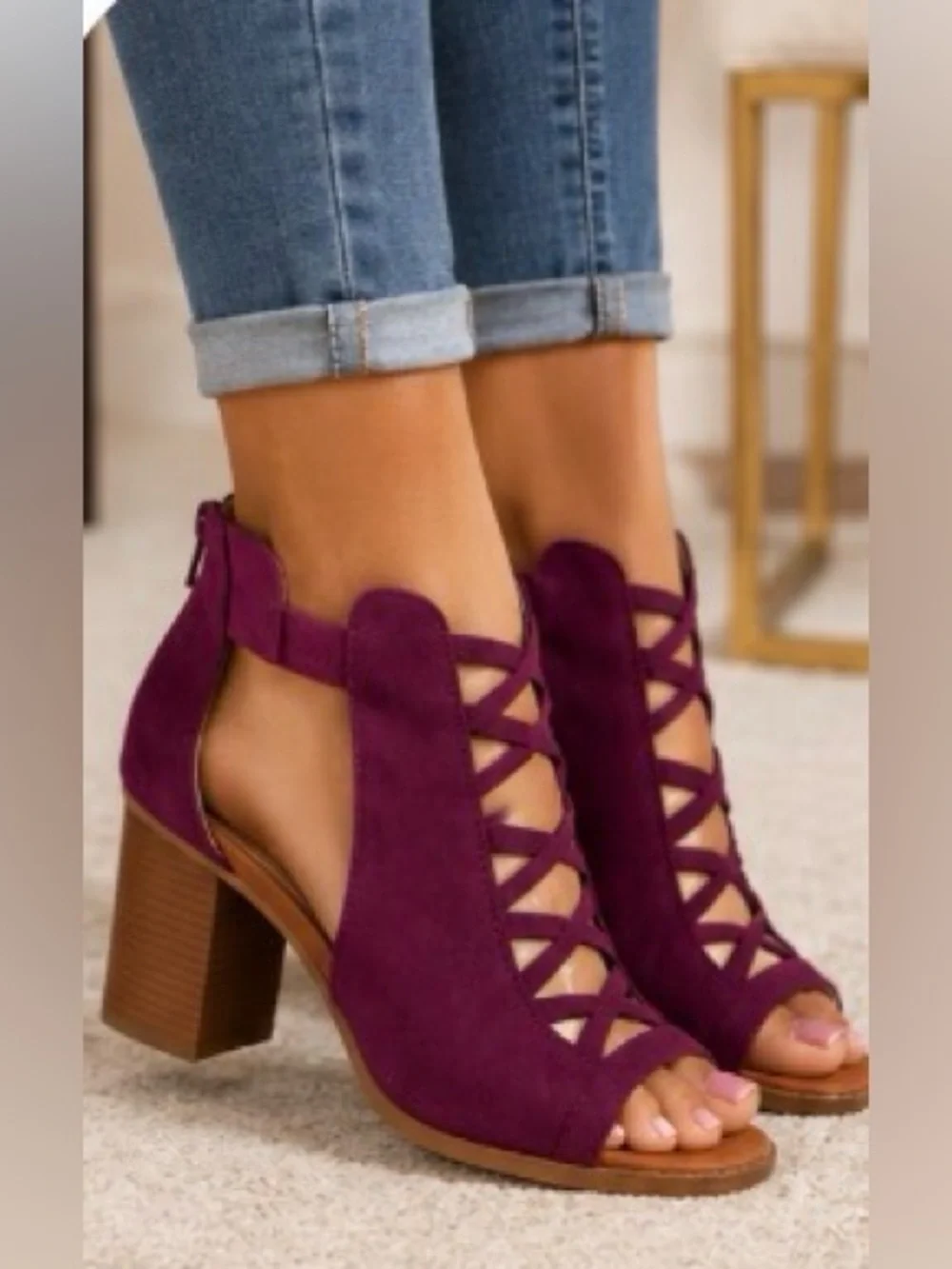 Liyuandian Purple Faux Suede Open Toe Block Heel Sandals Lace Up Cut, size 10